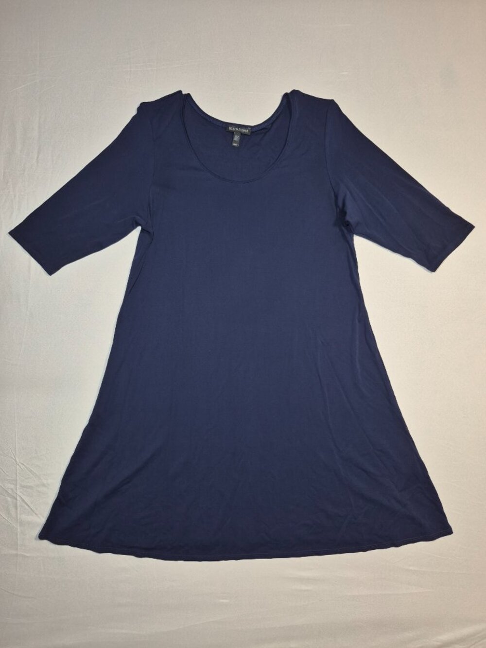 Eileen Fisher 100% Silk Knit Tunic Top Navy Blue Scoop Neck A-Line 3/4 Sleeve M.